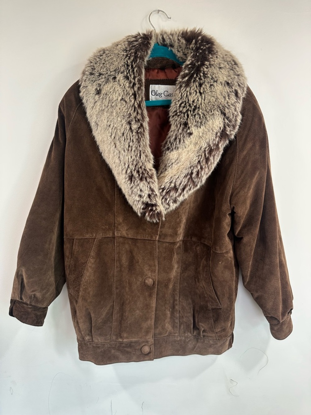 Vintage Oleg Cassini Brown Leather Bomber Coat with Faux Fur Trim